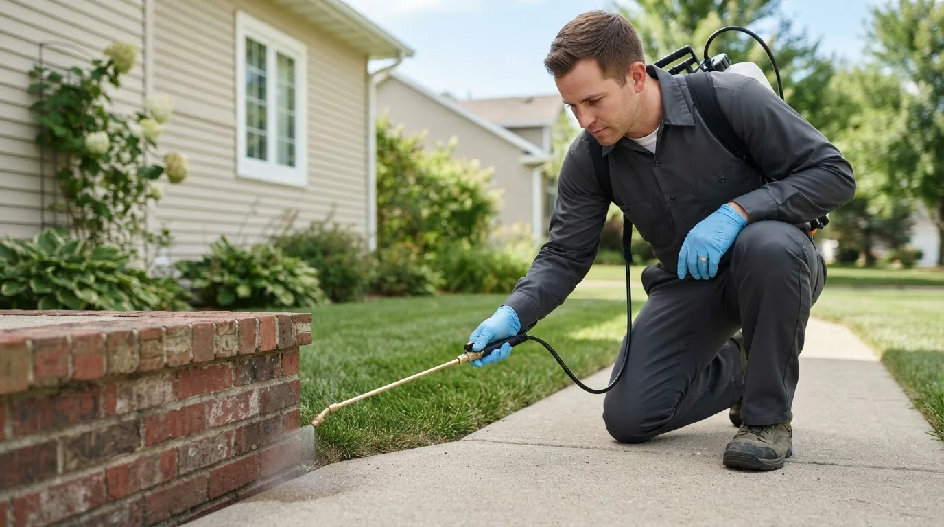 Pest control technician treating a home near Deerwood, MN
